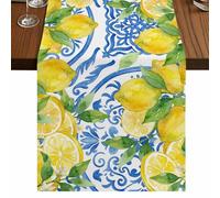 Summer Fruit Table Runner, Watercolor Lemon Blue Flowers Traditional Ethic Texture Cotton and Table Linen Runner for Kitchen Dining Home Decor for Party Festival Holiday Decoration Gift 13x108in