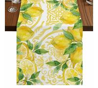Summer Fruit Table Runner, Watercolor Lemon Yellow Flowers Traditional Ethic Texture Cotton and Table Linen Runner for Kitchen Dining Home Decor for Party Festival Holiday Decoration Gift 13x60in
