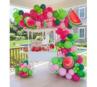 Summer fruit Watermelon Party Decorations Balloon Arch Garland Kit Red Green Pink with Watermelon mylar balloons for one in a melon theme Birthday Party Decorations (Red Green Pink)