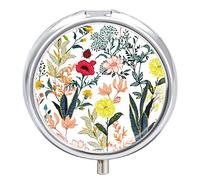 Summer Garden Full of Blooming Flowers in Many Kind Floral Iron Pill Box Case Organizer with Internal Separate Plastic Dividers, Travel Small Medicine Bag Holder Carrier Round Container
