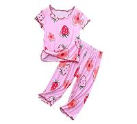 Summer Girl Thin Pajamas Strawberry Pattern Wooden Ear Edge Short Sleeve Set Home Clothes Air Conditioning Clothes Toddler Girls Robe And Slippers Zipper Pajamas Baby Girl 1yr Old Baby Girl Stuff