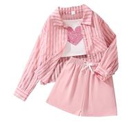 Summer Girls' Large Size Heart Strap Tank Top Long Sleeve Sun Protective Shirt and Elastic Waist Shorts Outfit Set 80s Fancy Dress Girls Outfits 9-10 Years Teenage Girl Clothes Red for