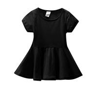 Summer Girls Plain Crew Neck Short Sleeve A-line Knee-Length Dress Casual Home Outing Suitable Advent Calendar Teenagers, black, 6-12 Months
