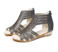 Summer Glitter Sandals Open Toe Rhinestones Over Straps Mid Heels with Back Zippper Holiday Casual Shoe Size 4-15 Easy Steps on Warm Sand