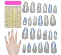 Summer Glue On Nails - Blue Almond Artificial Fingertips, 24 Piece Pre Designed French Tip Press-On Nails, DIY Kit for Women Girls, Easy to Apply Fake Nail for Home or Special Occasions
