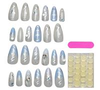 Summer Glue On Nails & Blue Press-On - 24 Pieces Full Cover Artificial | Light x French Tip Manicure Stickers | Acrylic Fingertips with for Travel & Parties, pcsc