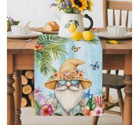 Summer Gnomes Table Runner 36 Inches Long, Shell Butterfly on Retro Blue Linen Washable Table Runners Heat-Insulation Kitchen Dining Table Decorations for Home Party Decor 13x36in