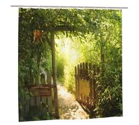 Summer Green Bamboo Forest Garden Shower Curtain, Spring Outdoor Waterproof Garden Decor, Scenery of Open Wooden Fence Walkway Bath Curtain, Waterproof Bathroom Tub Curtain, 180x180cm/ 71X71 in