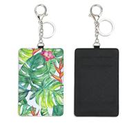 Summer Green Leaves ID Card Holder with Key Chain Bus Pass Holder for Women Men with 2 Card Slots Slim Wallet for Nurse Teacher Student Meal Bank Credit Cards Daily Use Nurse Accessories