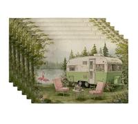 Summer Green Vintage Camping Placemats, Floral Retro Table Mats for Outdoor Dining, Non-Slip Washable Picnic Decorative Place mats Set of 6