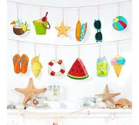 Summer Hanging Decorations - 12Pcs Summer Tree Wooden Ornaments, Hawaiian Beach Coconut Starfish Wooden Hanging Ornaments for Tropical Luau Party Supplies