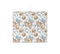 Summer Hat Pattern Dish Drying Mats for Kitchen Counter, Vintage Beach Style Absorbent Dish Drainer Rack Mat, Coastal Microfiber Drying Pad for Kitchen Counter Protector 16x18 Inch