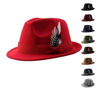 Summer Hats for Women Fedora Hats for Women Men Classic Retro Style Short Brim Felt Hat with Feather Bow Band Decor Stylish Panama Cap Vintage Jazz Hat Elegant Headwear for Party Wedding Red