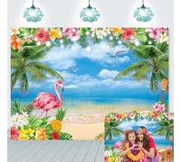 Summer Hawaiian Beach Backdrop Tropical Flower Palm Leaves Flamingo Photography Background Luau Blue Sky Ocean Aloha Hawaiian Seaside Birthday Party Decorations Background (7X5FT (210x150cm))