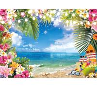 Summer Hawaiian Beach Backdrop Tropical Flower Palm Leaves Surfboard Photography Background for Summer Birthday Luau Party Decorations Banner (7x5FT（210x150cm）)