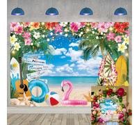 Summer Hawaiian Beach Backdrop Tropical Flowers Blue Sky Ocean Luau Palm Trees Surfboard Flamingo Photography Background Aloha Holiday Birthday Decorations Background (8x6FT: 96x72 inch)