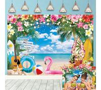 Summer Hawaiian Beach Backdrop Tropical Flowers Blue Sky Ocean Luau Palm Trees Surfboard Flamingo Photography Background Aloha Holiday Birthday Decorations Background (7x5FT: 84x60 inch)
