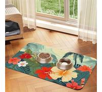 Summer Hawaiian Dog Food Mats for Floors, 16x24 Inch Non-Slip Super Absorbent Pet Food Mat, Dishwasher Dog Mat for Food and Water, Cute Rubber Quick Dry Pet Feeding Mat for Dogs Puppy Cats