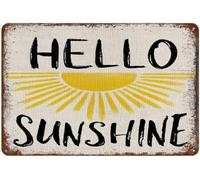 Summer Hello Sunshine Garden Flag Vintage Metal Tin Sign Wall Decor Yellow Sunshine Wall Art Decoration Boho Yard Outside Garage Garden Farm Club Cafe Retro Novelty Home Wall Decor 8x5.5 Inch
