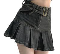 Summer High Waist Pleated Denim Skirt Pear Shape Body Covering Slimming A-Line Skirt-Black-M