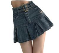 Summer High Waist Pleated Denim Skirt Pear Shape Shape Covering Slimming A-Line Skirt-Blue-S
