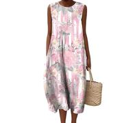 Summer Holiday Dresses for Women Boho Floral Cotton Linen Loose Fit with Pockets Sleeveless Midi Dress Casual Beach Ladies Clothing Lightweight Outfits