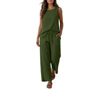 summer holiday outfits for women uk plus size 2 piece sleeveless cotton linen vest tops and drawstring straight leg beach trousers suits for women going out lounge wear co ord set