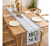 Summer HOME Table Runner 13x36 inch Tropical Palm Leaf Flowers Black Plaid White Wood Cotton Linen Dining Table Runner Ideal for Dresser Kitchen Coffee Tables - Machine Washable