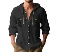 Summer Hoodies for Men UK Cotton Linen Button Shirt with Pockets Casual Drawstring Hooded Pullover Top Solid Color Comfy Short Sleeves Sweatshirts
