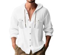 Summer Hoodies for Men UK Cotton Linen Button Shirt with Pockets Casual Drawstring Hooded Pullover Top Solid Color Comfy Short Sleeves Sweatshirts