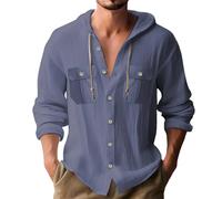 Summer Hoodies for Men UK Cotton Linen Button Shirt with Pockets Casual Drawstring Hooded Pullover Top Solid Color Comfy Short Sleeves Sweatshirts