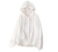 Summer Hoodies for Women Cotton Linen Shirts with Hood Long Sleeve Button Down Linen Tops Solid Color Hooded Tshirt Casual Elegant Office Work Blouse Sun Protection Tees Shirts Ladies Blouses White