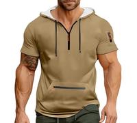 Summer Hoodies T-Shirt for Men UK Quater Zip Up Short Sleeve Gym Workout Athletic Hooded Polo Shirt Pullover Sweatshirt Casual Tops Vests with Pockets(A41 Khaki,XXL)