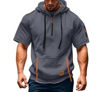 Summer Hoodies T-Shirt for Men UK Quater Zip Up Short Sleeve Gym Workout Athletic Hooded Polo Shirt Pullover Sweatshirt Casual Tops Vests with Pockets(A03 Gray,3XL)