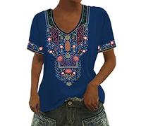 Summer Hot Women Casual Blouse Lady Bohemian Style Floral Embroidery Three Quarter Flare Sleeves V Neck Loose Blouse Tops Set Shirt Blue