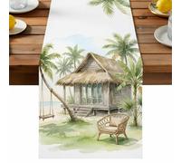 Summer Island Hut Table Runner, Coastal Beach Rustic Farmhouse Tropical Palm Tree Cotton and Table Linen Runner for Kitchen Dining Home Decor for Party Festival Holiday Decoration Gift 13x70in