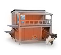 Summer Island Outdoor Cat House with Aluminium Insulation Layer, 2-Tier Warm Wood Cat Shelter with Sunlight Roof, Balcony, Jumping Platforms, Openable, Detachable Insulation Cotton, Winter and Summer