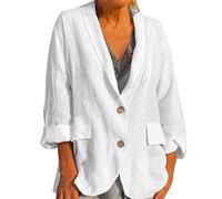 Summer Jacket Women's Lightweight Long Linen Jacket Women's Large Sizes Elegant Black and White Blouse Blazer Open Front Business Blazer Jacket with Pocket and Buttons Quilted Jacket / Long Blazer /
