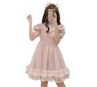 Summer Japanese Lolita Lace Dress Teen Girls Soft Cute Ruffles A-Line Princess Party Dresses (S)