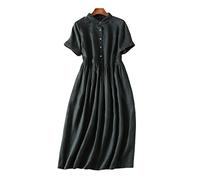 Summer Japanese Women Doll Collar Pan Collar Shirt Dress Cotton Linen Short Sleeve Dresses Basic A-Line Vestidos K2726 Black M