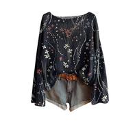 Summer Jumpers for Women UK Ladies Vintage Boho Floral Crochet Sweater Oversized Boat Neck Long Sleeve Pullover Tops Lightweight Knit Bohemia Blouse Navy Style#2 Christmas Sweaters for Women UK M