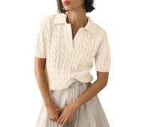 Summer Jumpers for Women UK Women's Short Sleeve Solid Lapel V Neck Knit Pullover Sweater Cotton Jumpers for Women UK Sales Travel Essentials Fleece Warm Christmas Striped Sweater Beige