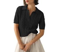 Summer Jumpers for Women UK Women's Short Sleeve Solid Lapel V Neck Knit Pullover Sweater Cotton Jumpers for Women UK Sales Travel Essentials Fleece Warm Christmas Striped Sweater Black