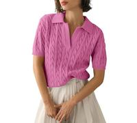 Summer Jumpers for Women UK Women's Short Sleeve Solid Lapel V Neck Knit Pullover Sweater Cotton Jumpers for Women UK Sales Travel Essentials Fleece Warm Christmas Striped Sweater Hot Pink