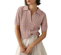 Summer Jumpers for Women UK Women's Short Sleeve Solid Lapel V Neck Knit Pullover Sweater Cotton Jumpers for Women UK Sales Travel Essentials Fleece Warm Christmas Striped Sweater Pink