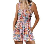 Summer Jumpsuit for Women UK Boho Loose Short Dungarees One Piece Square Neck Smock Sleeveless Casual Smocked Rompers Beach Vacation Playsuits Elastic Waist Stretchy Petite Shorts Jumpsuits