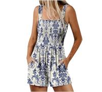 Summer Jumpsuit for Women UK Boho Loose Short Dungarees One Piece Square Neck Smock Sleeveless Casual Smocked Rompers Beach Vacation Playsuits Elastic Waist Stretchy Petite Shorts Jumpsuits