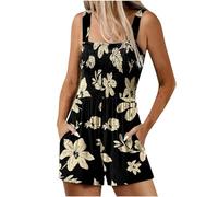 Summer Jumpsuit for Women UK Sale Clearance Boho Loose Short Dungarees One Piece Square Neck Sleeveless Casual Smocked Rompers Beach Vacation Playsuits Elastic Waist Stretchy Petite Shorts Jumpsuits