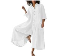Summer Jumpsuits for Women UK Casual Button Down Loose Fit Rompers Solid Cold Cotton Linen Pleated Playsuits Breathable Long Sleeves Athletic Wear with 2 Pockets