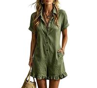 Summer Jumpsuits for Women UK Casual Cotton Short Playsuits Short Sleeve V-Neck Button Down Romper Ruffled Hem One Piece Overalls with Pockets for Work Office Holiday